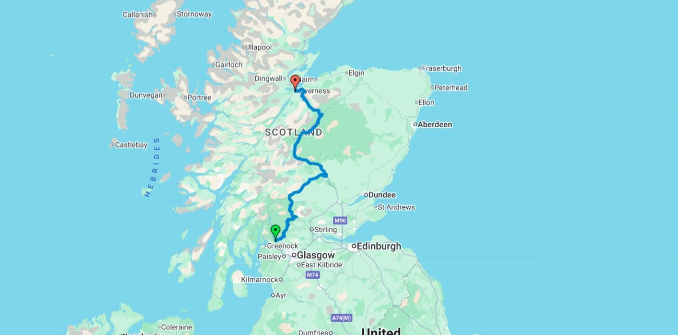 Lochs and Glens Cycle Route Balloch to Inverness on Google maps
